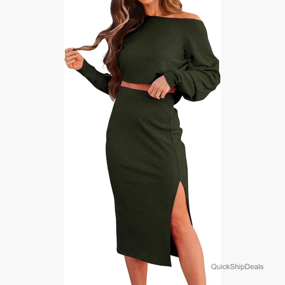 Polyester Elastane Ribbed Knit Two Piece Skirt Se… - image 1